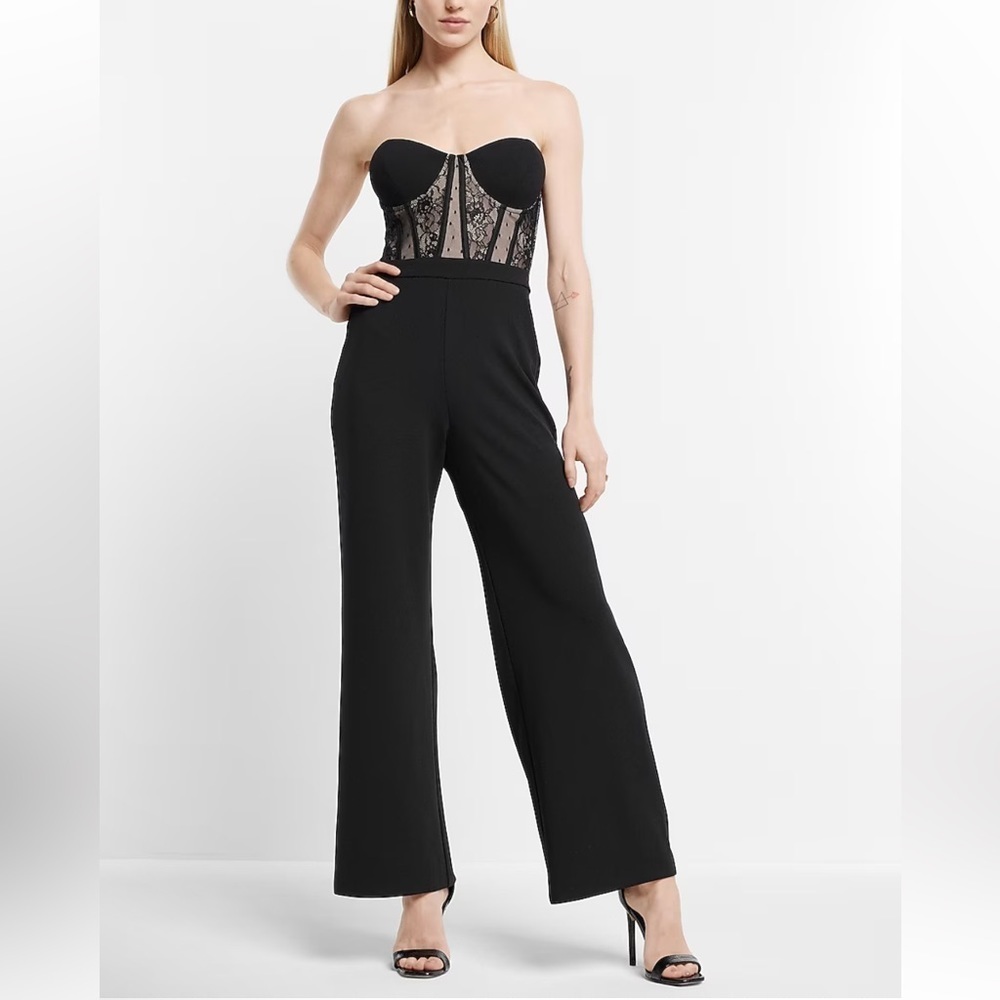 Sweetheart Neckline Lace Corset Wide Leg Jumpsuit Black Size 12